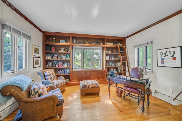 1 Wensley Dr, Great Neck, NY 11021 - office area with crown molding, a baseboard radiator, built in shelves, and light wood-type flooring