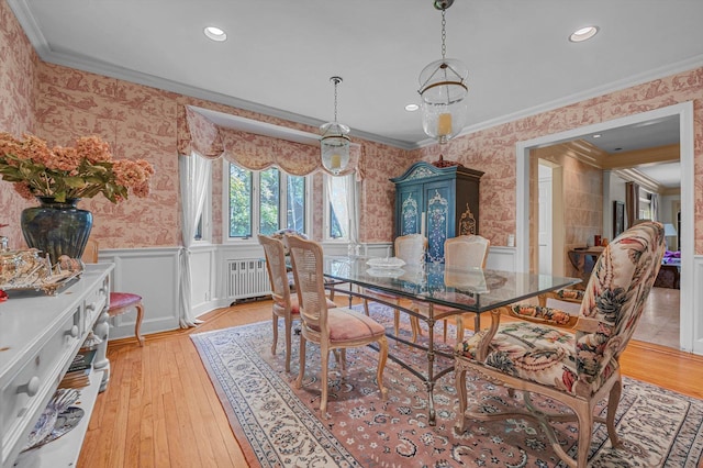 1 Wensley Dr, Great Neck, NY 11021 - dining space featuring wallpapered walls, wainscoting, crown molding, light wood finished floors, and recessed lighting