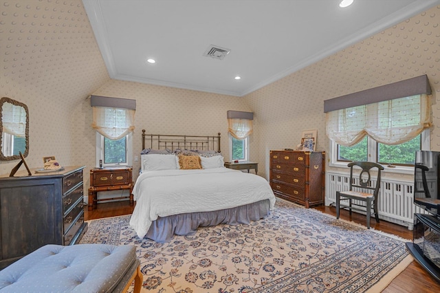 1 Wensley Dr, Great Neck, NY 11021 - bedroom with crown molding, wallpapered walls, wood finished floors, radiator, and multiple windows