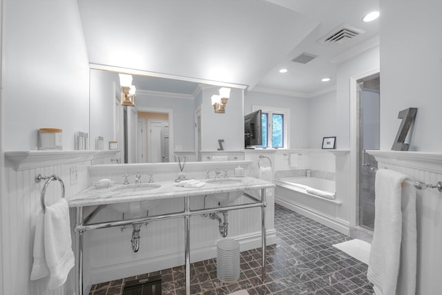1 Wensley Dr, Great Neck, NY 11021 - full bath featuring ornamental molding, tile patterned floors, recessed lighting, a garden tub, and a shower stall