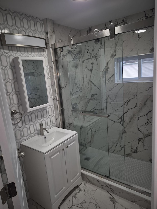 12702 97th Ave, Richmond Hill S, NY 11419 - full bath featuring marble look tile flooring, vanity, and a marble finish shower