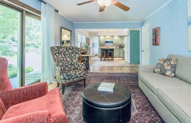 24 Overhill Ln, Warwick, NY 10990 - living room featuring ornamental molding, light wood finished floors, and a ceiling fan