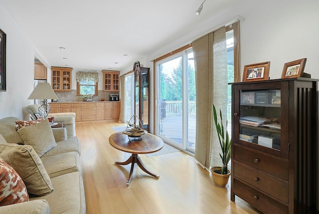 living area featuring light wood-type flooring and recessed lighting