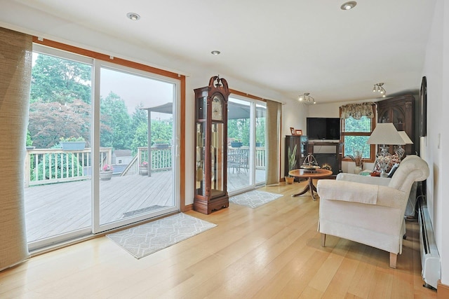 living room with a baseboard heating unit, light wood-style floors, and recessed lighting