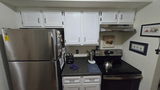 1115 Cherry Hill Dr, Poughkeepsie, NY 12603 - kitchen featuring stainless steel appliances, under cabinet range hood, white cabinetry, and dark stone countertops