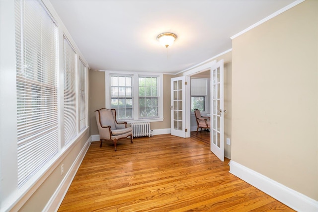 265 Brower Ave, Rockville Centre, NY 11570 - living area featuring radiator, french doors, light wood-style flooring, and crown molding