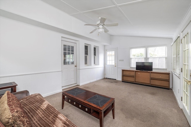 265 Brower Ave, Rockville Centre, NY 11570 - carpeted living area featuring wainscoting, lofted ceiling, ceiling fan, and an office area