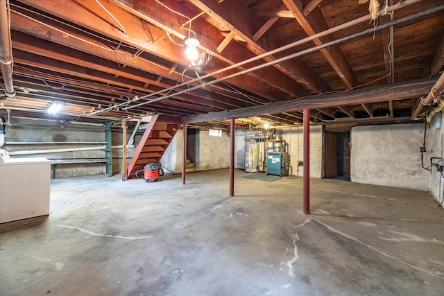 265 Brower Ave, Rockville Centre, NY 11570 - unfinished basement featuring stairway, washer / dryer, gas water heater, and a heating unit