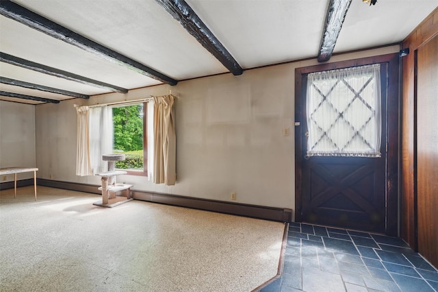 foyer featuring beamed ceiling and a baseboard heating unit