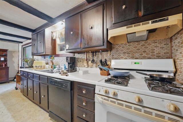 kitchen featuring white range with gas stovetop, dishwashing machine, under cabinet range hood, a sink, and light countertops