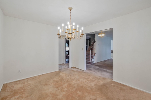 39 Pinewood Dr, Commack, NY 11725 - unfurnished dining area featuring a chandelier, stairs, and carpet floors