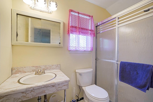 39 Pinewood Dr, Commack, NY 11725 - full bath featuring a sink, toilet, a shower with shower door, a chandelier, and vaulted ceiling