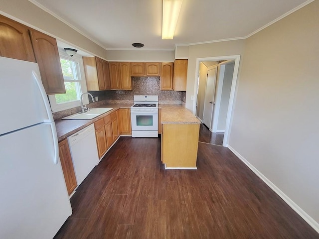 7 Randall Ter, Middletown, NY 10940 - kitchen featuring white appliances, a sink, dark wood-style flooring, tasteful backsplash, and crown molding