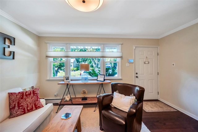 115 19th St, Wading River, NY 11792 - sitting room featuring plenty of natural light, ornamental molding, wood finished floors, baseboards, and baseboard heating