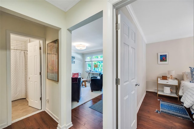 115 19th St, Wading River, NY 11792 - hallway featuring wood finished floors, crown molding, and baseboards