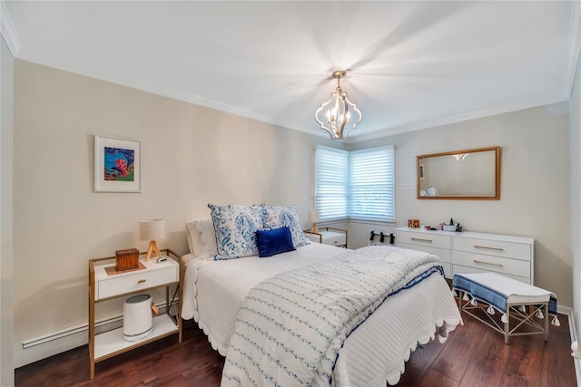 115 19th St, Wading River, NY 11792 - bedroom with a baseboard heating unit, crown molding, a chandelier, dark wood-style floors, and baseboards