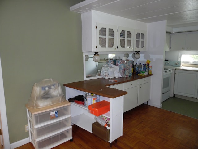8 Crumley Van Vactor Rd, Ferndale, NY 12734 - kitchen featuring open shelves, dark countertops, electric range, white cabinets, and glass insert cabinets