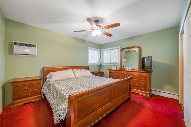 27 Columbus Ave, Kings Park, NY 11754 - bedroom featuring baseboard heating, dark colored carpet, an AC wall unit, and ceiling fan