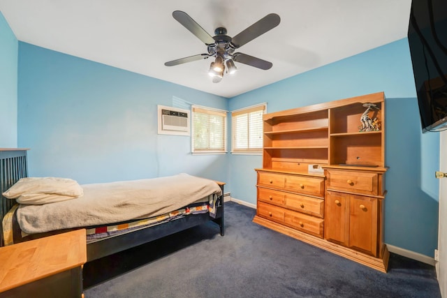 27 Columbus Ave, Kings Park, NY 11754 - bedroom with a wall mounted air conditioner, dark carpet, a ceiling fan, and a baseboard radiator