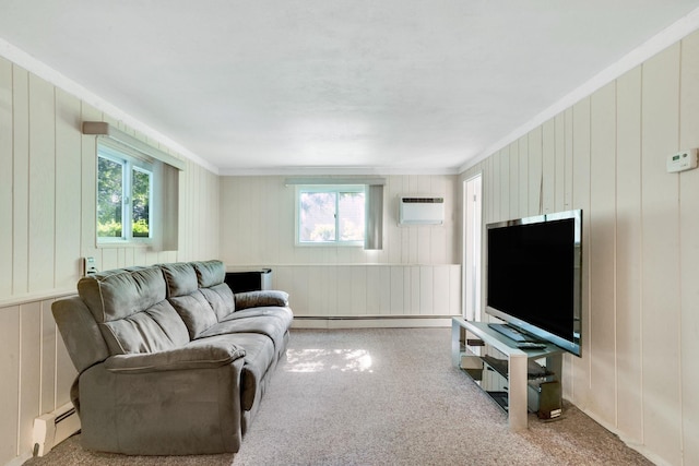 27 Columbus Ave, Kings Park, NY 11754 - carpeted living area with baseboard heating, plenty of natural light, a wall mounted AC, crown molding, and a decorative wall