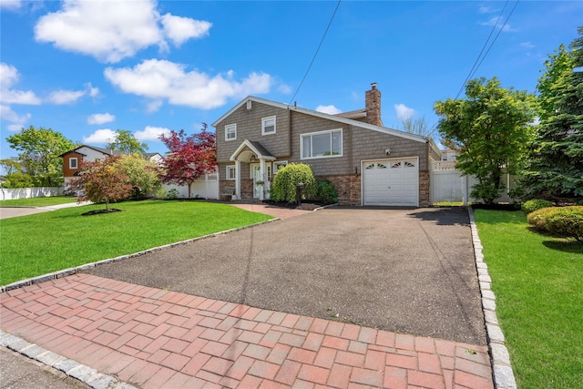 8 Vera Ct, West Islip, NY 11795 - tri-level home featuring a chimney, a garage, asphalt driveway, and stone siding