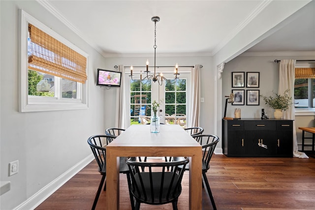 8 Vera Ct, West Islip, NY 11795 - dining space featuring a chandelier, plenty of natural light, dark wood finished floors, baseboards, and ornamental molding