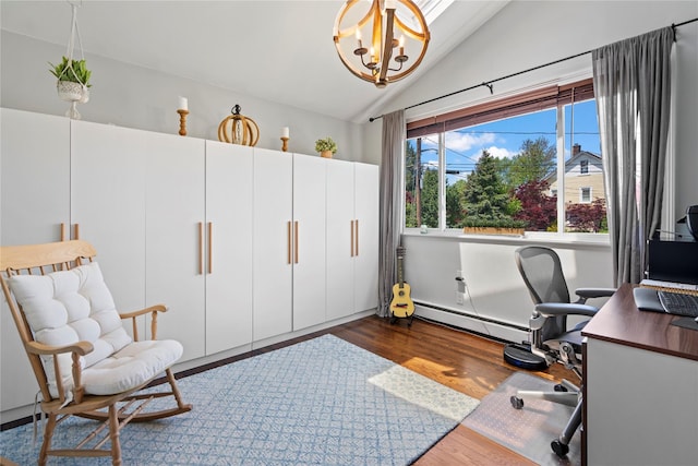 8 Vera Ct, West Islip, NY 11795 - home office with a baseboard heating unit, dark wood-style flooring, lofted ceiling, and a chandelier