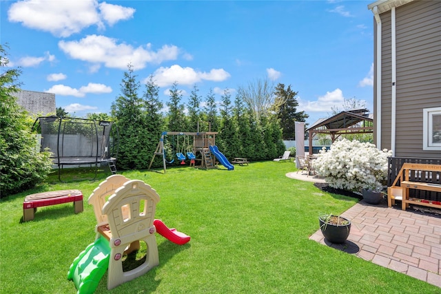 8 Vera Ct, West Islip, NY 11795 - view of yard featuring a trampoline, a gazebo, a playground, and a patio