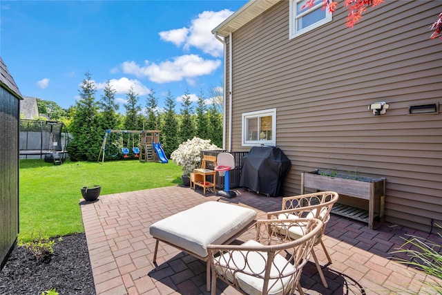 8 Vera Ct, West Islip, NY 11795 - view of patio / terrace featuring a trampoline, grilling area, and a playground