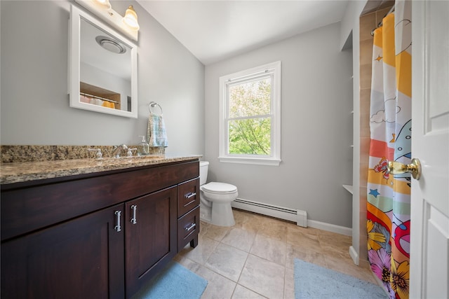 50 Maple Wood Dr, Brewster, NY 10509 - full bathroom with a baseboard heating unit, vanity, toilet, baseboards, and tile patterned flooring