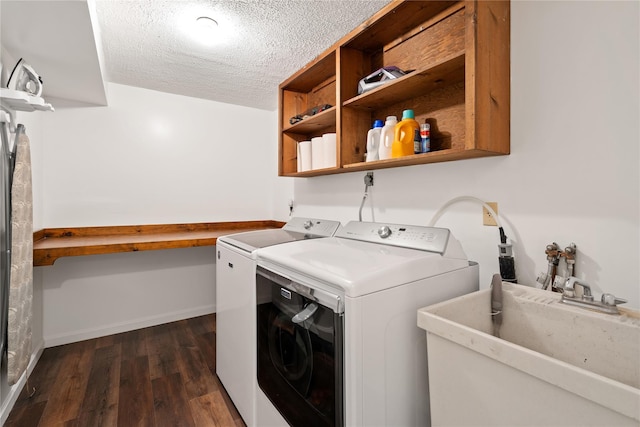 50 Maple Wood Dr, Brewster, NY 10509 - laundry room with independent washer and dryer, a textured ceiling, dark wood finished floors, and baseboards