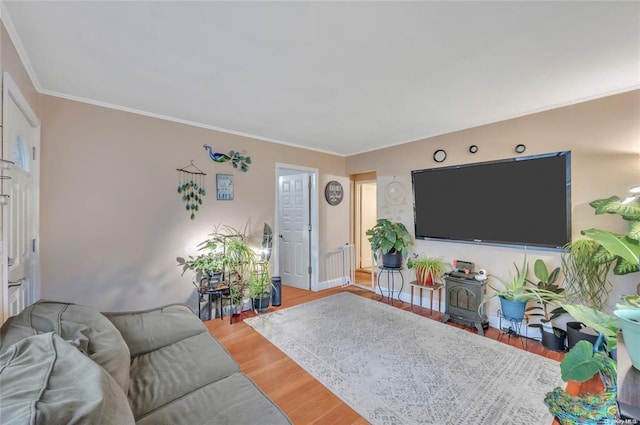 living room featuring crown molding, light wood-type flooring, and baseboards