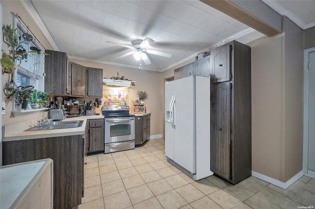 kitchen featuring stainless steel electric stove, white fridge with ice dispenser, a sink, ornamental molding, and light countertops
