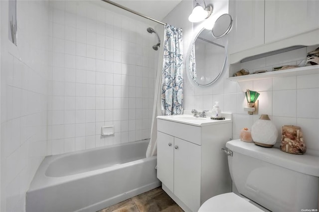 bathroom with toilet, tile walls, shower / bath combo, vanity, and decorative backsplash
