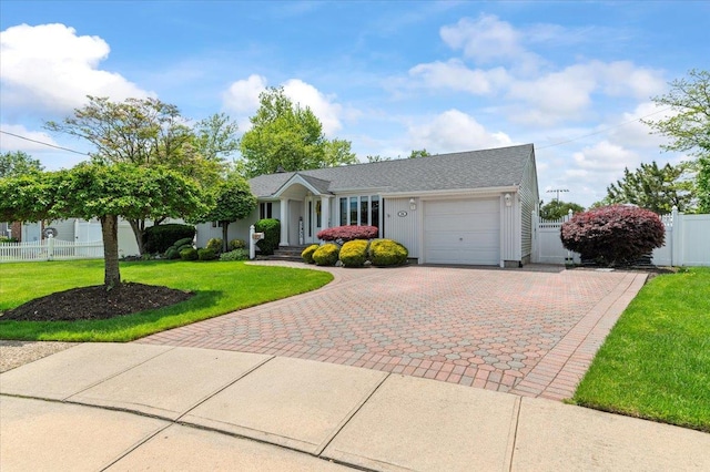 ranch-style house with a garage, decorative driveway, and a gate
