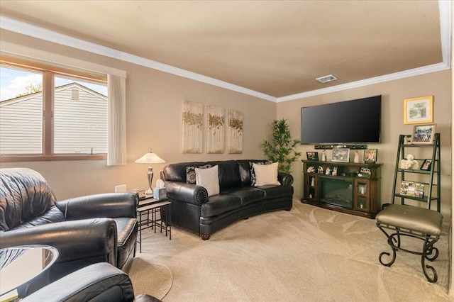 living area with crown molding and carpet