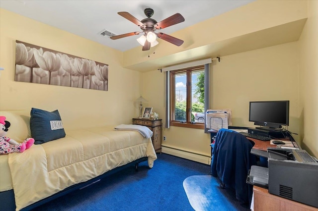 carpeted bedroom featuring baseboard heating and ceiling fan
