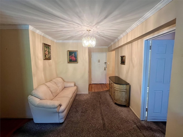 86-10 151st Ave Unit 4G, Howard Beach, NY 11414 - living room featuring a chandelier, crown molding, carpet, and baseboards