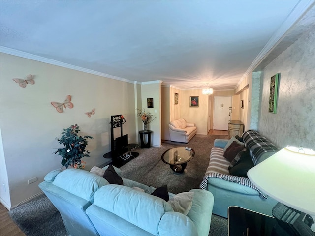 86-10 151st Ave Unit 4G, Howard Beach, NY 11414 - living room with a chandelier, ornamental molding, carpet flooring, and baseboards