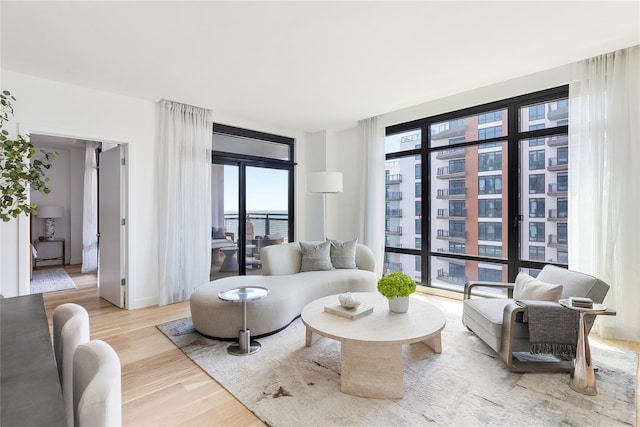 living room featuring healthy amount of natural light, wood finished floors, and baseboards