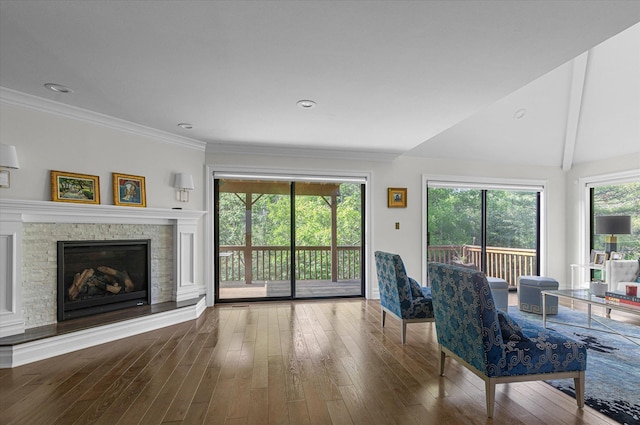 living area featuring wood finished floors, a stone fireplace, crown molding, and vaulted ceiling