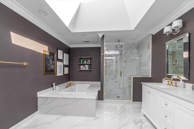 bathroom with ornamental molding, a skylight, baseboards, a marble finish shower, and marble finish flooring