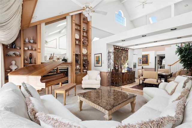 58 Roundtop Rd, Yonkers, NY 10710 - living area featuring a ceiling fan, high vaulted ceiling, built in features, and beamed ceiling