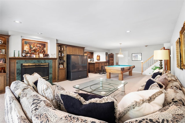58 Roundtop Rd, Yonkers, NY 10710 - living room featuring light colored carpet, billiards table, stairway, recessed lighting, and a fireplace