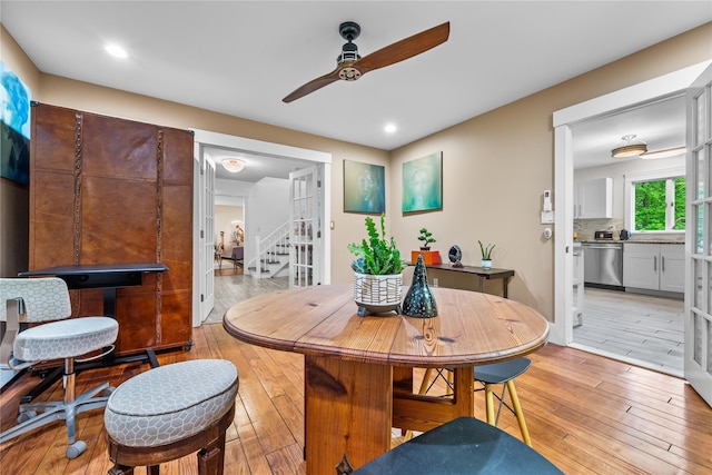 5 Bellwood Ln, Cornwall On Hudson, NY 12520 - dining area with a ceiling fan, light wood finished floors, stairway, and recessed lighting