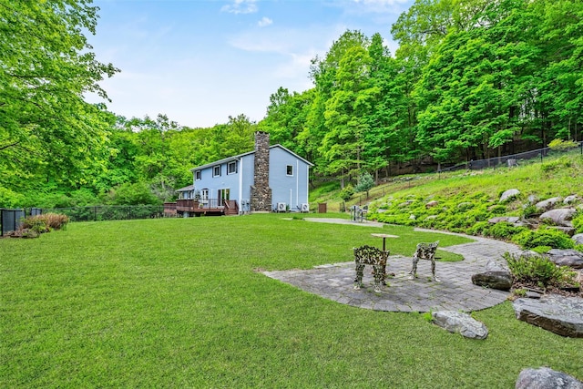 5 Bellwood Ln, Cornwall On Hudson, NY 12520 - view of yard with a wooden deck, a patio area, and a wooded view