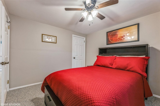 bedroom featuring carpet floors, baseboards, and a ceiling fan