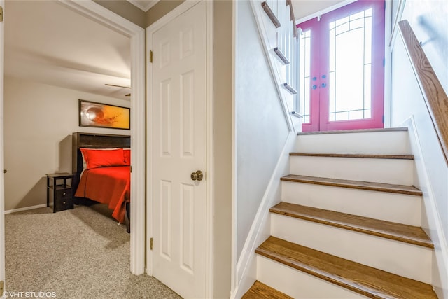 staircase with healthy amount of natural light, carpet, and baseboards