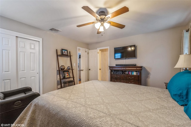 bedroom featuring a closet and a ceiling fan