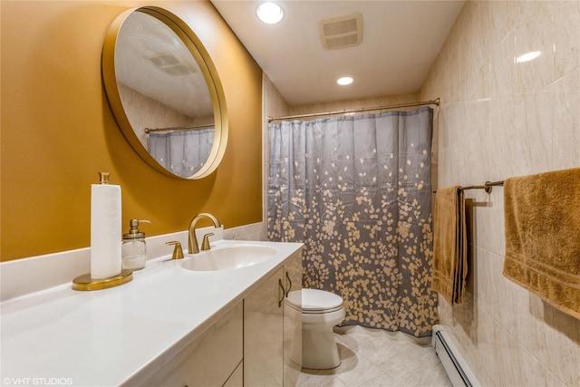 full bathroom with toilet, tile patterned flooring, vanity, tile walls, and a shower with shower curtain
